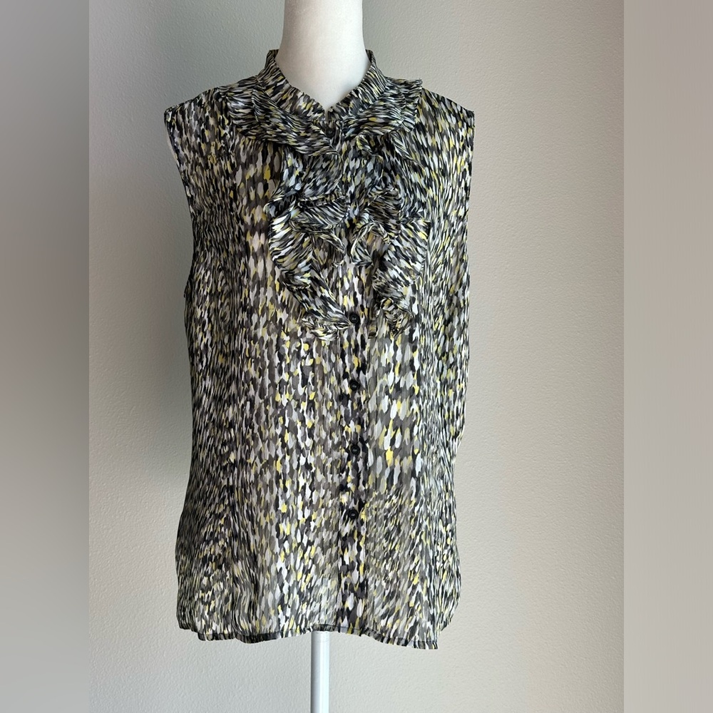 Tahari Ruffle Neck Sleeveless Blouse Black Yellow White Size Large